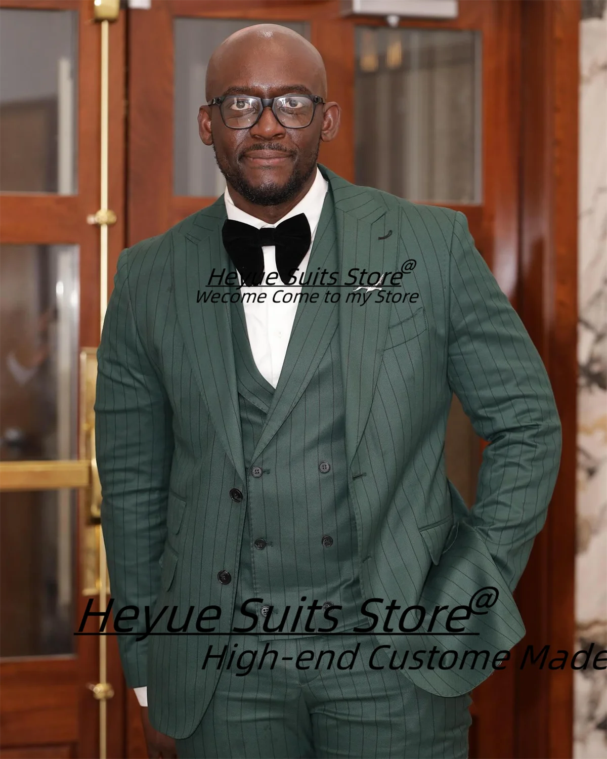

Business Green Stripe Men Suits Customized Plus Size Peak Lapel Man Tuxedos Formal3Pcs Sets Male Office Work Blazers Ropa Hombre