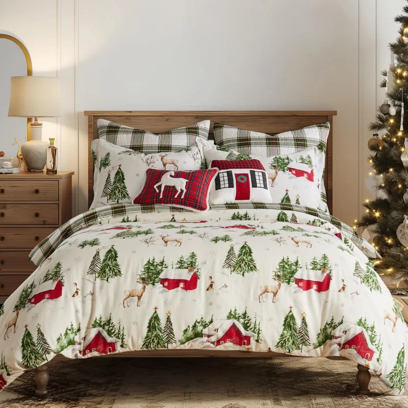 Pine large duvet cover and two pillowcases - Christmas cottage with zipper 3-piece set bedding without duvet