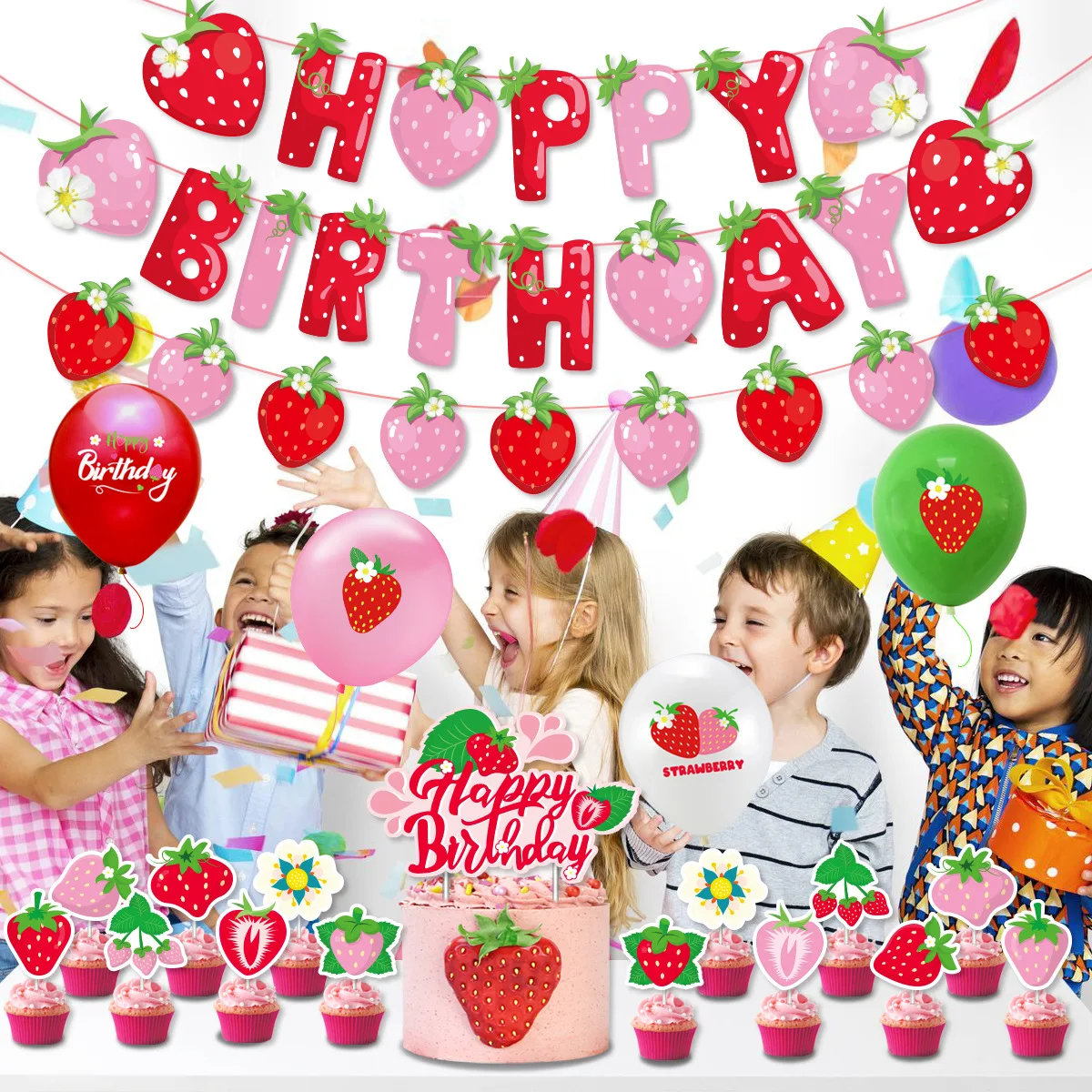 Sweet Fruit Strawberry Theme Happy Birthday Banner Cupcake Toppers Balloon for Kids Girl Birthday Baby Shower Party Decoration