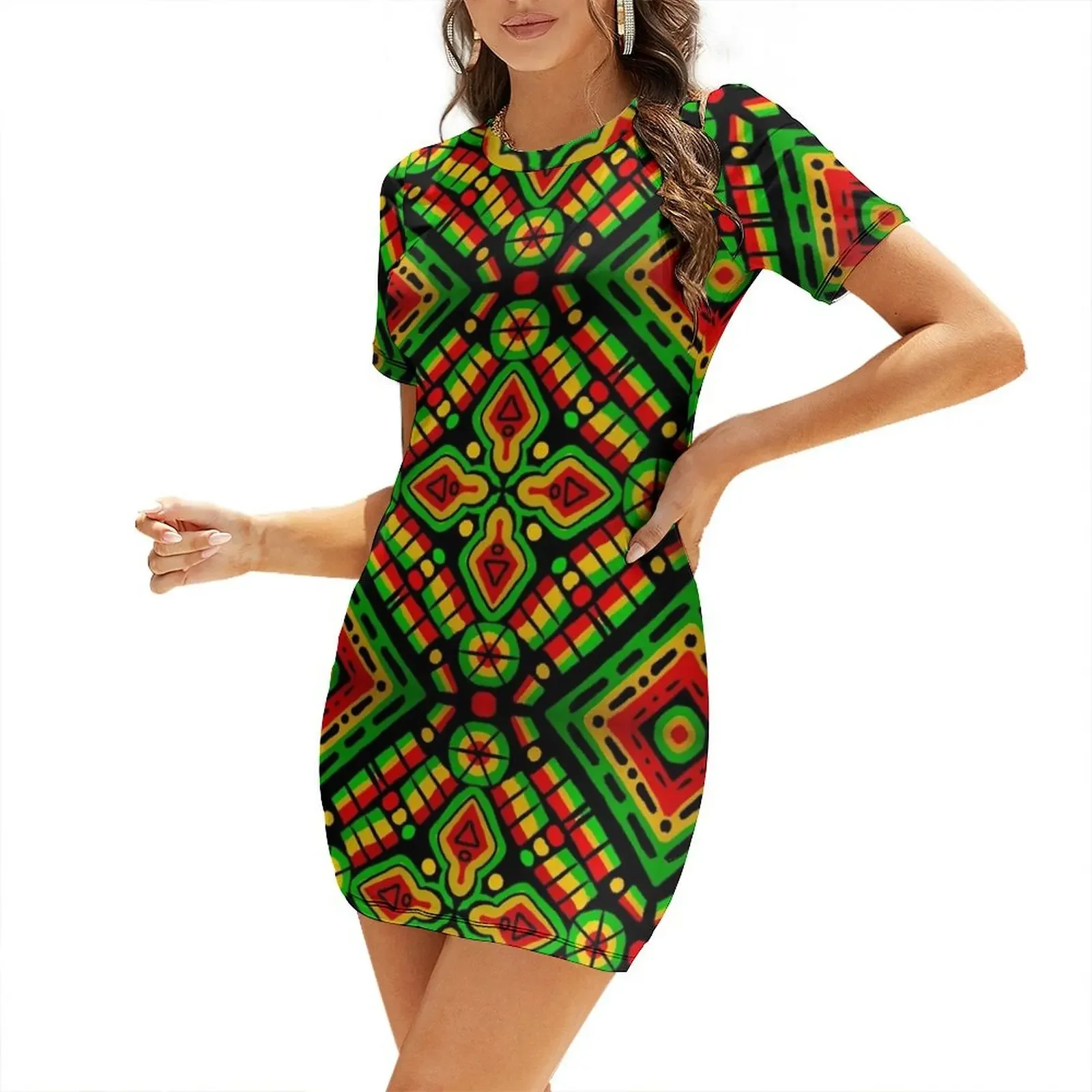 

Rasta Pattern Short-Sleeved Dress clothes womans clothing dresses for prom elegant dresses plus sizes Dress