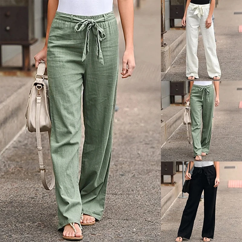 

Women Casual Cotton Linen Pants Summer Solid Color Loose Elastic Waist Trousers polyester Lace Up Wide Leg Pants Straight Pants