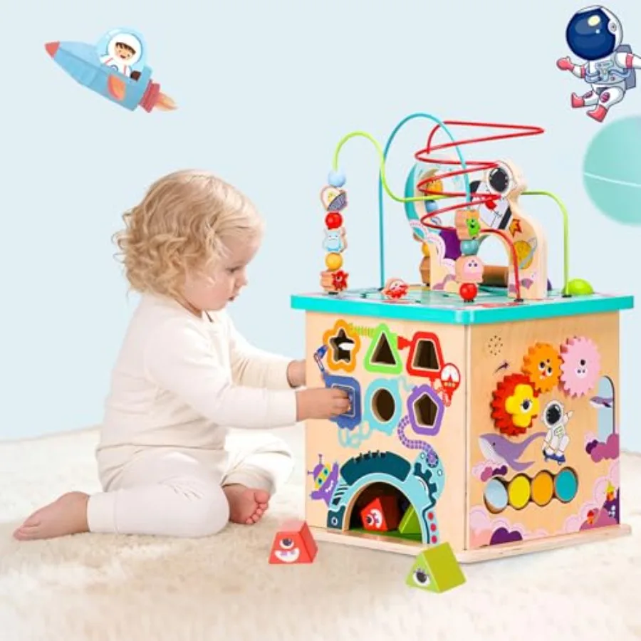 

Pre-Assembled 9-in-1 wooden activity cube for toddlers 6 months+ natural wood finish educational learning toy with bead maze sh