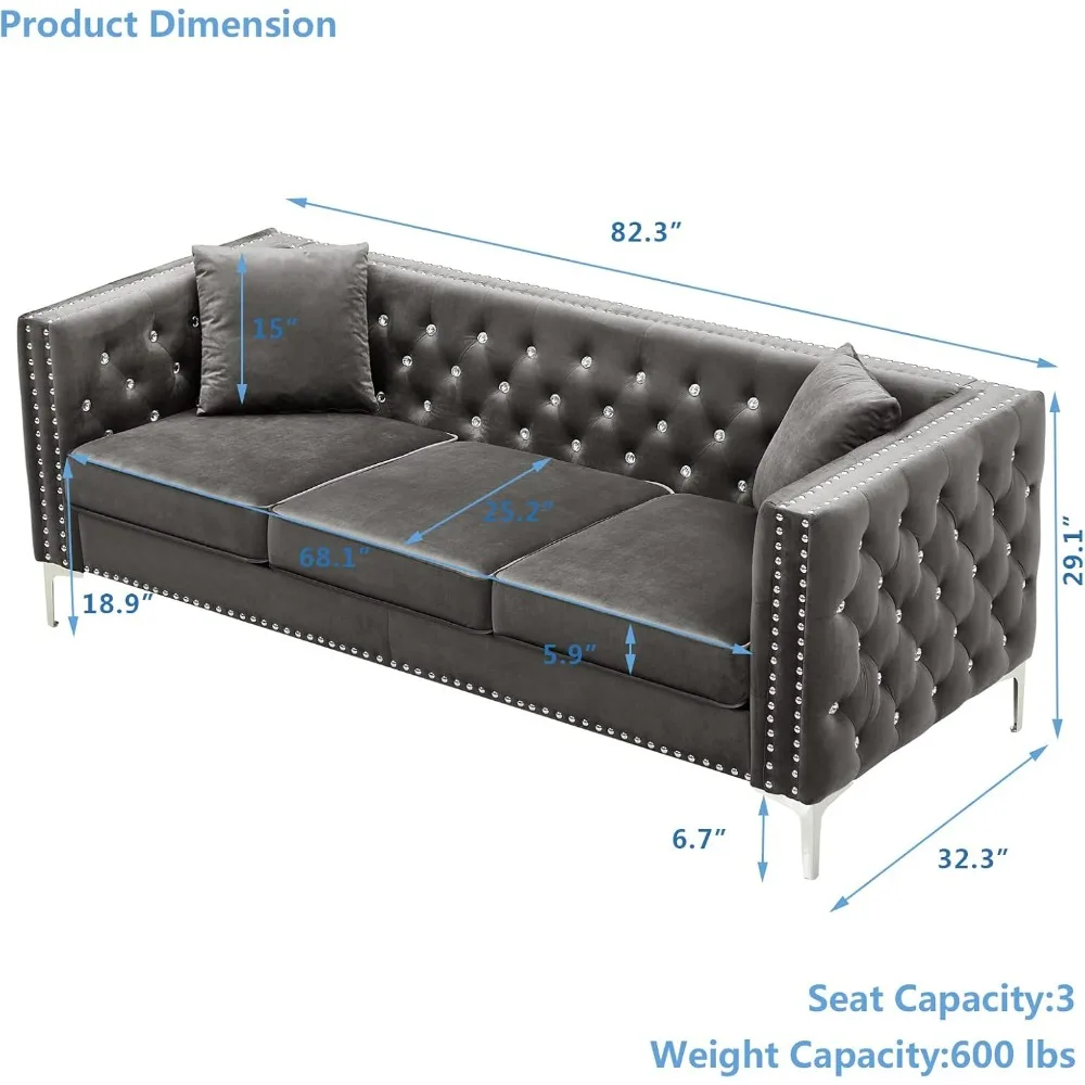 office sofas,with Jeweled Buttons and Square Arms,with Trimmed Nailhead and Metal Legs 3 Person Couch with 2 Pillows,sofa