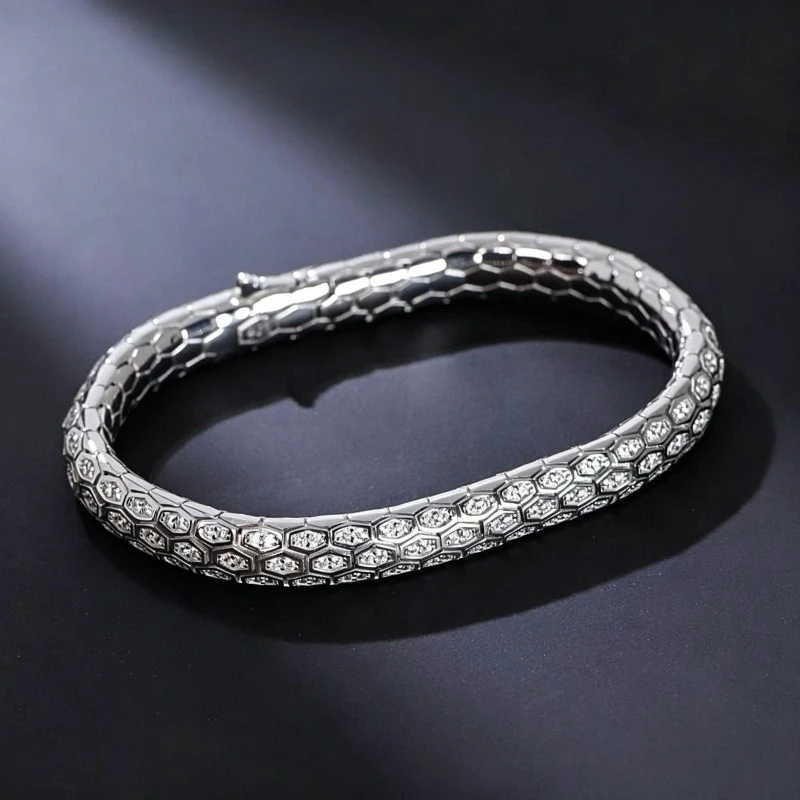 Retro Carved Snake Bracelet, Snake Pattern Inlaid Rhinestone Jewelry, Unique Snake Bangle, Gift for Boyfriend Girlfriend