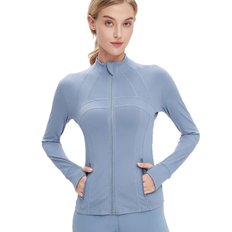 Women Long Sleeve Running Jacket Breathable Elastic Yoga Top Spliced Sports Shirt Lightweight Workout with Pockets