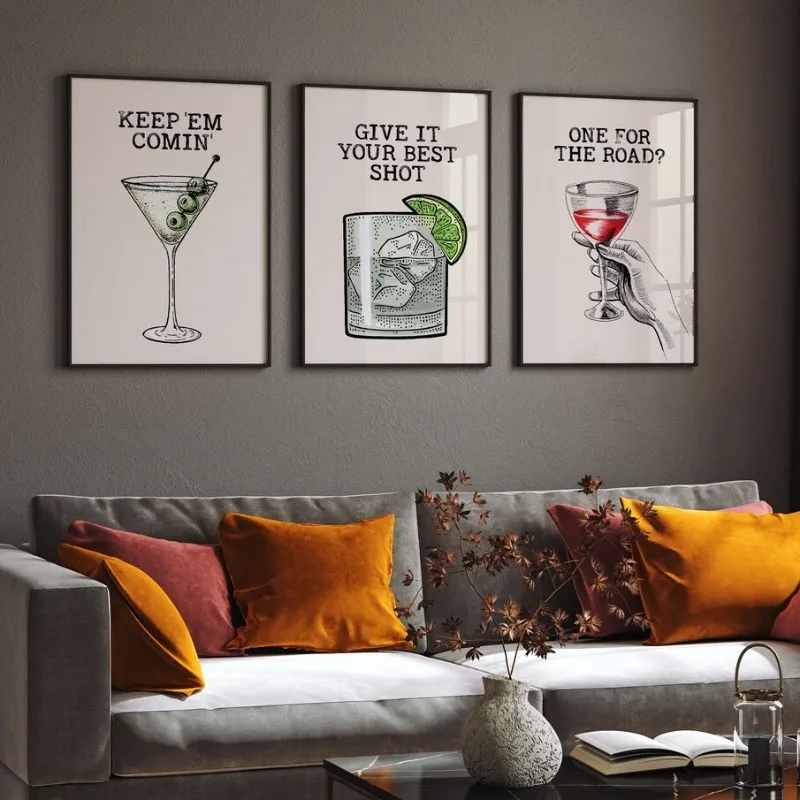 Cheers Theme Vintage Poster Martini Tequila Vodka Cocktail Alcohol Canvas Painting Wall Art for Bar Cart Living Room Home Decor