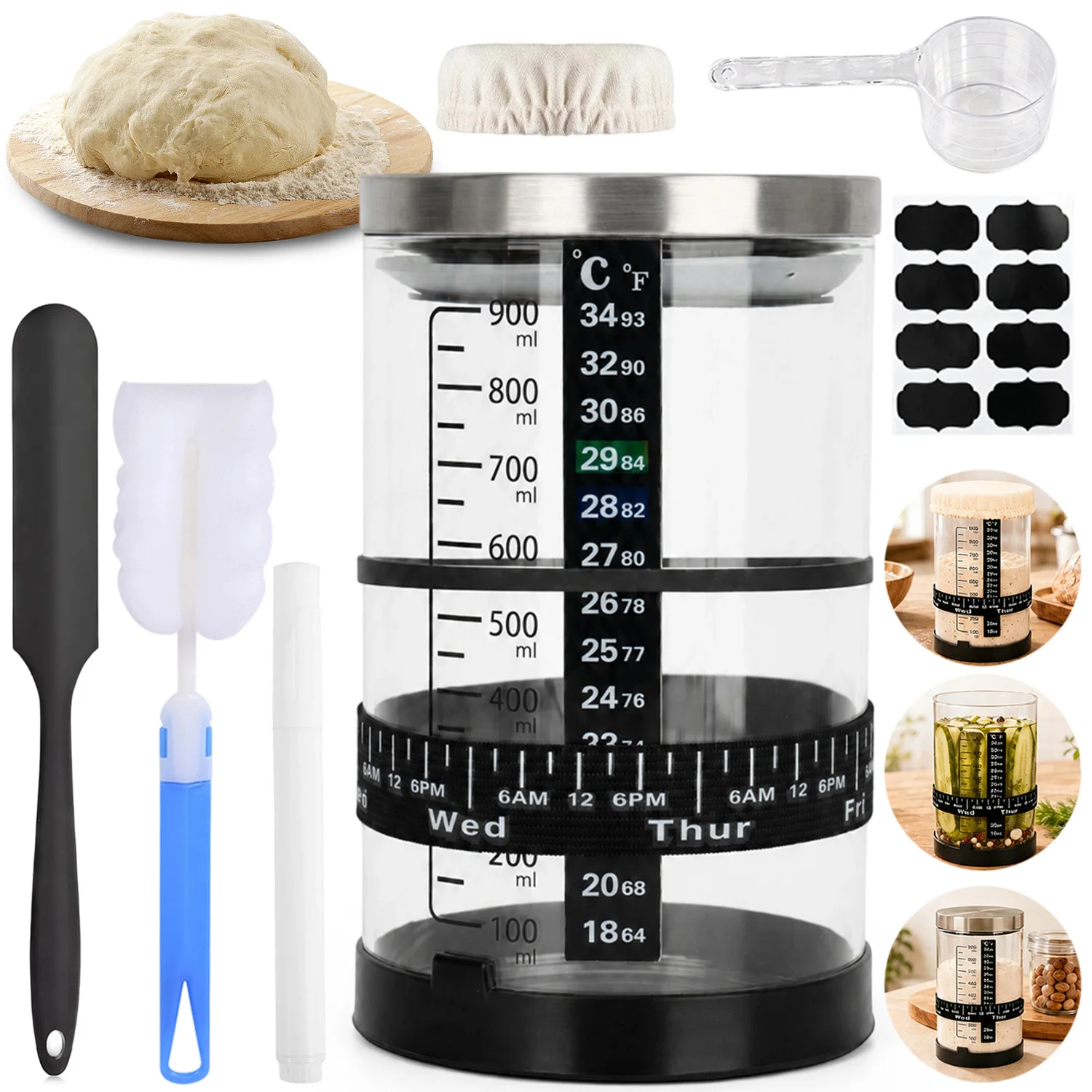 Multifunktionales Sauerteig-Starterglas 1000ml Glasbehälter mit Edelstahldeckel, Fütterungs-Trackerband, Silikonspatel, atmungsaktiver Stoffbezug für Teigfermentation und Brotbacken