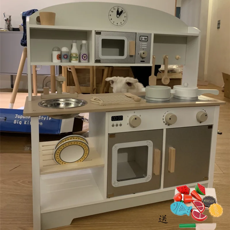 Kids Wooden Pretend Play Kitchen Toy Set Sound Light Simulation Cookware Stove Educational Game