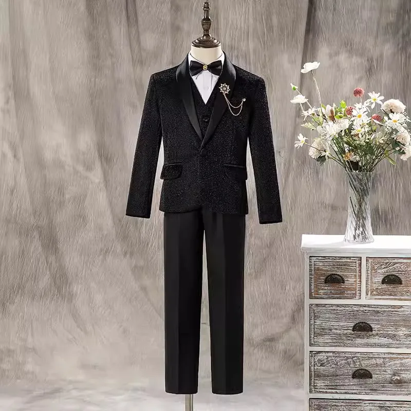 

Children Luxurious Shining Jacket Vest Pants 3P Party Photography Suit Boys Performance Costume Kids Piano Wedding Tuxedo Dress