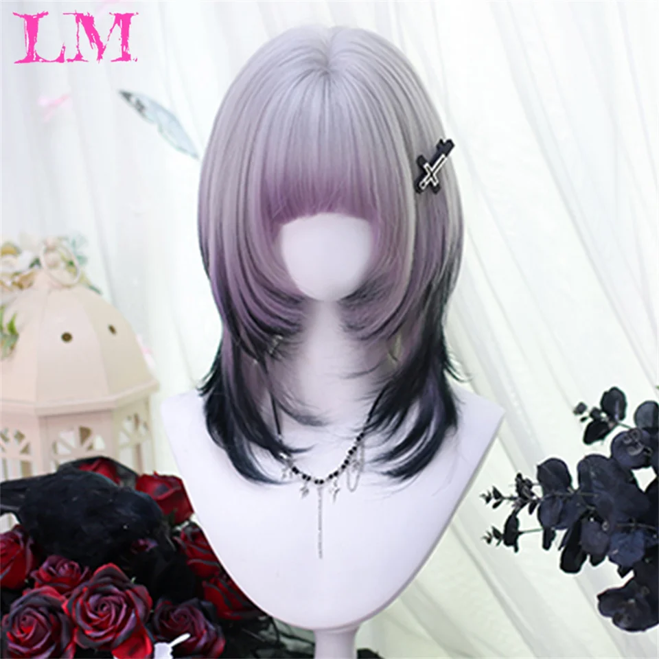 LM الاصطناعية أومبير الوردي المرأة الاصطناعية قصيرة شعر مستعار مستقيم أنيمي لعبة تأثيري رقيق شعر مستعار مقاوم للحرارة للحزب اليومي