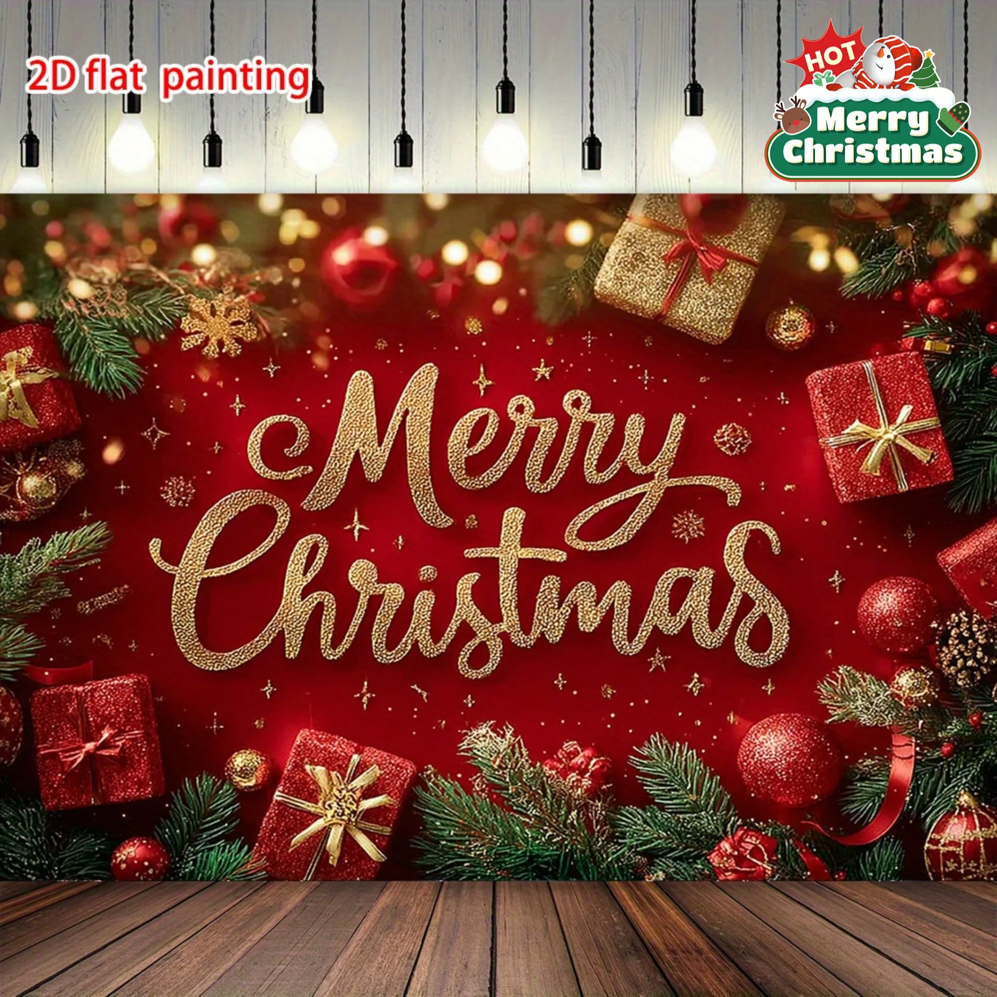 Merry Christmas Tapestry, Bright Red with Gold Lettering Holiday Wall Art for Indoor Outdoor Winter Celebration Decor