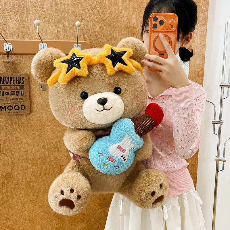 Rock Star Bear Plush Toy with Guitar, Soft Brown Teddy Bear Stuffed Animal, Cute Rocker Bear Doll with Star Headband