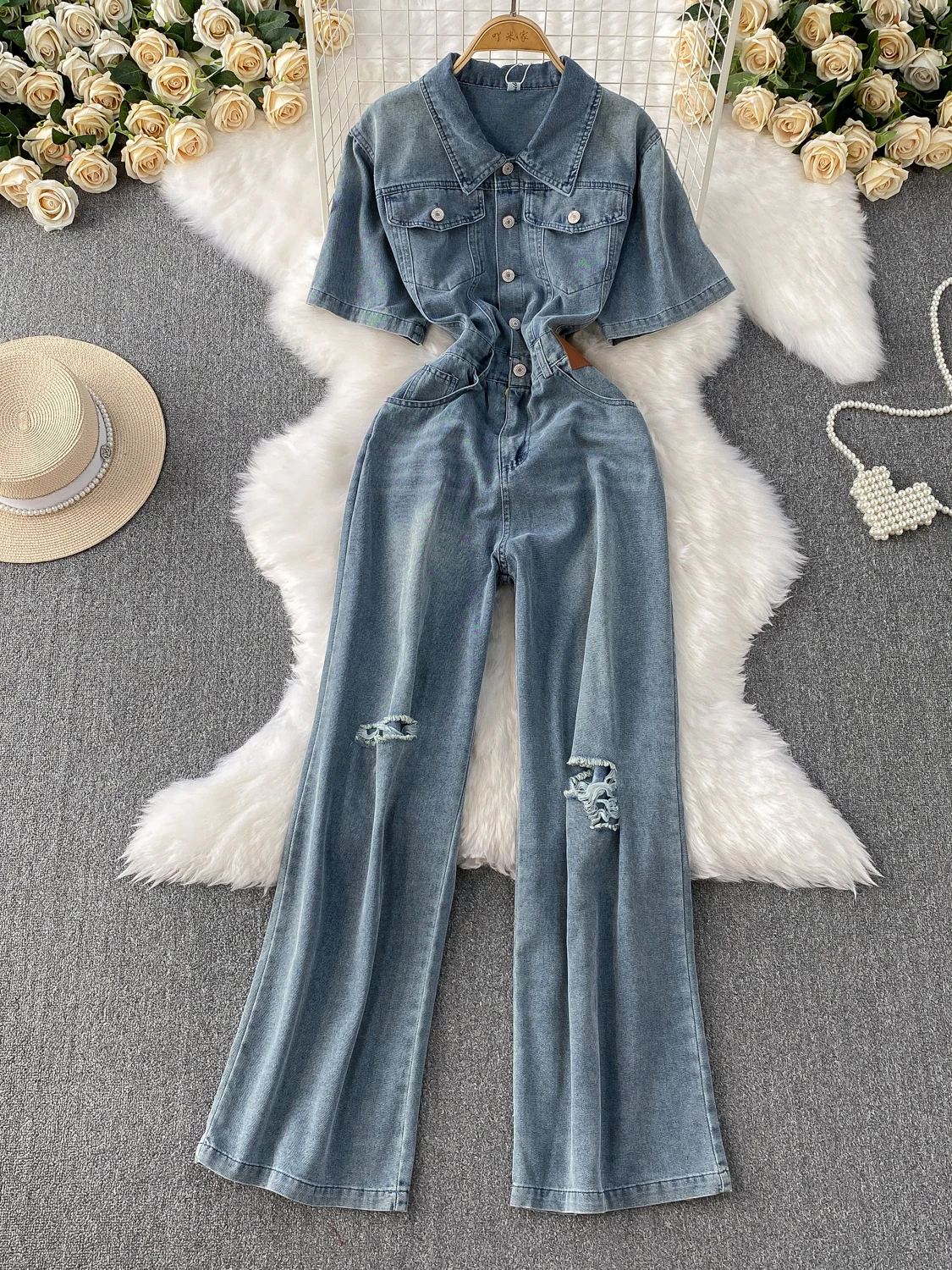 

Retro American Single-Button Collar Denim Overall Women's Summer New Waist-Cinching Design Ripped Wide Leg Pants