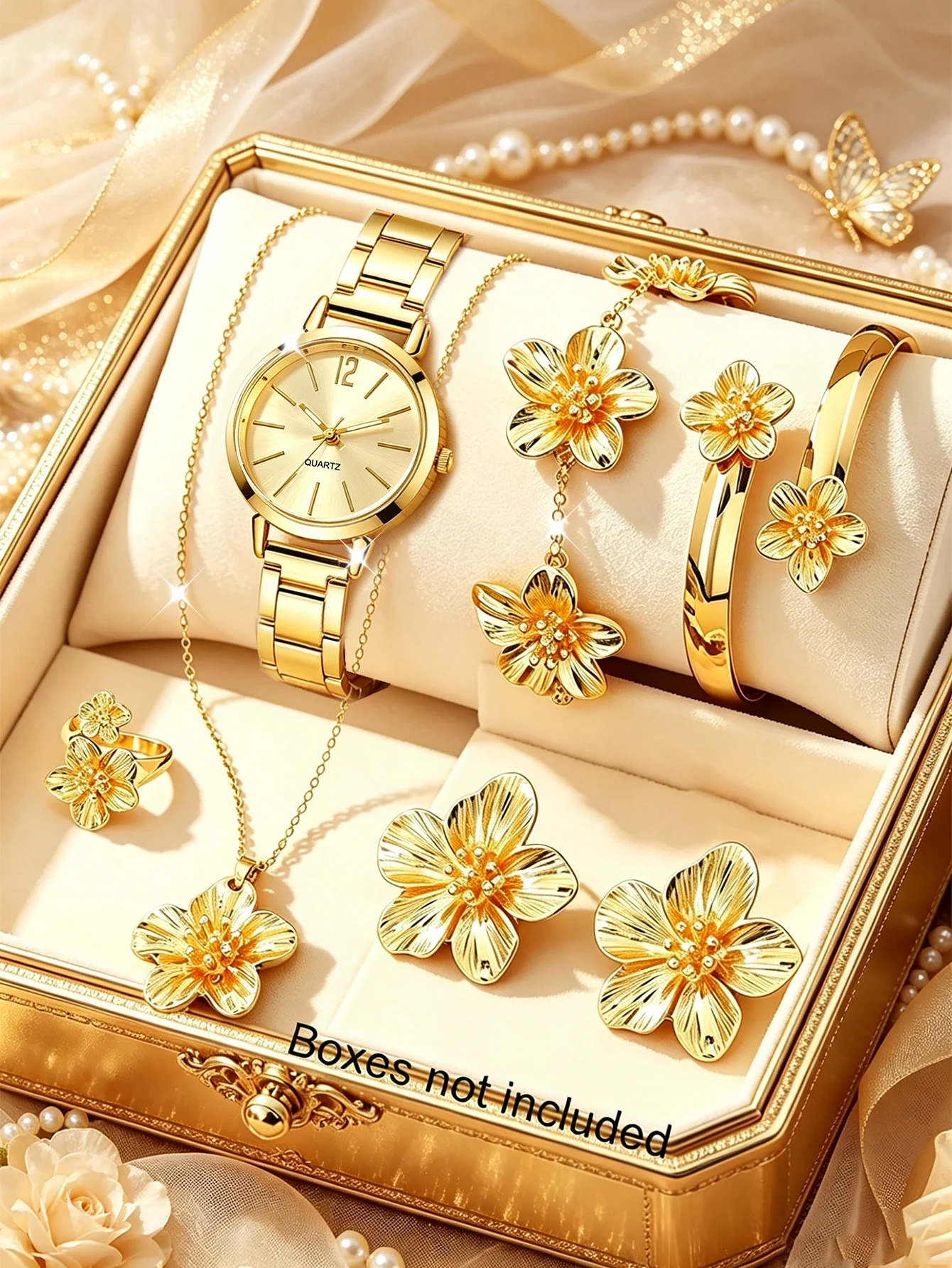 Ladies Quartz Watch with Flower Design Accessory Set - Bracelet Necklace Ring Earrings - Daily Wear Birthday Gift