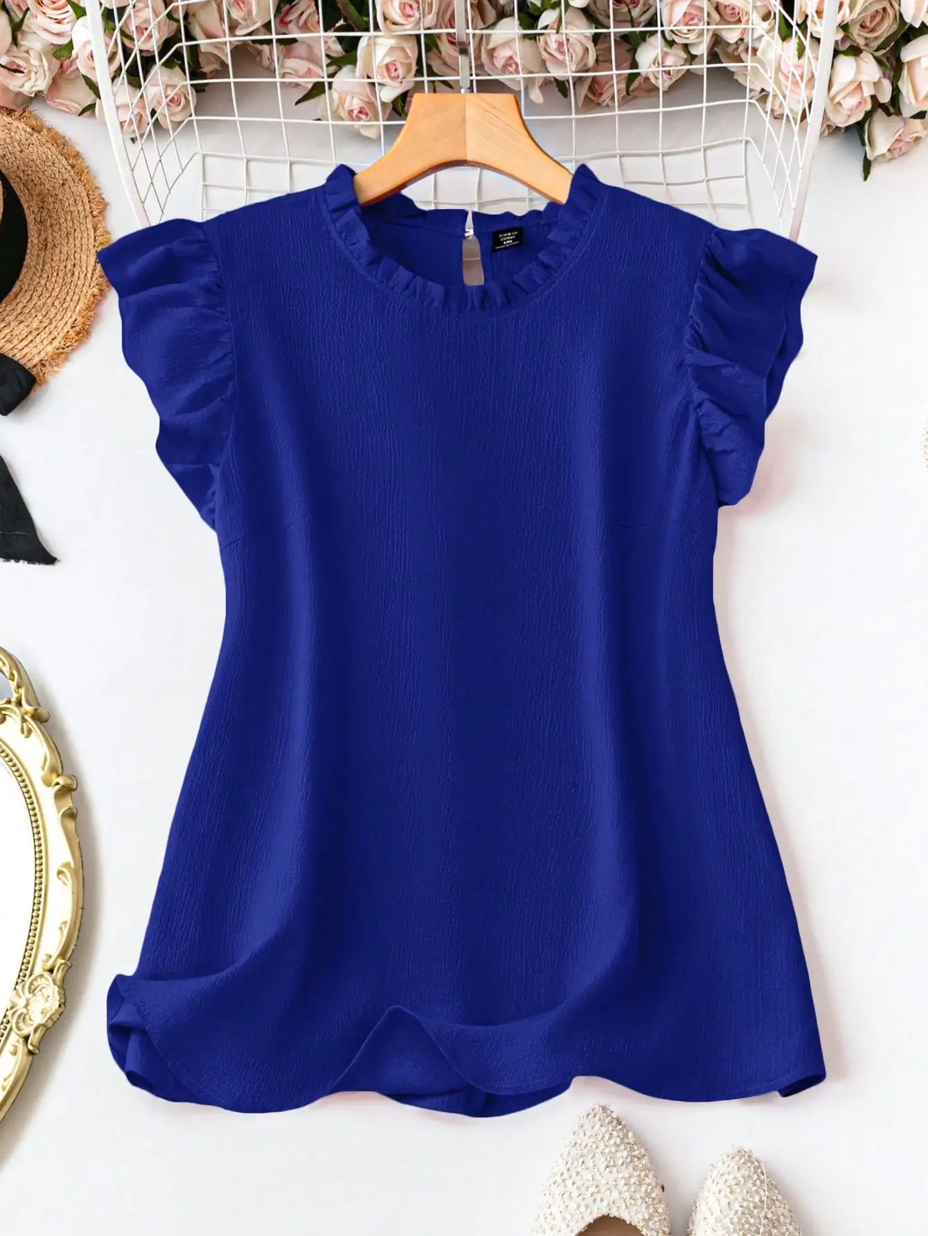 

Elegant Solid Color Ruffle Hem Office Blouse With Puff Sleeve