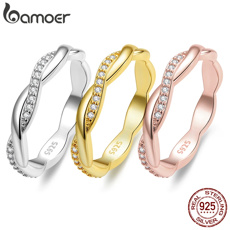 BAMOER 925 Sterling Silver Simple Twisted Ring 14K Gold Plated Cubic Zirconia Eternity Band for Women 3 Colors BSR248