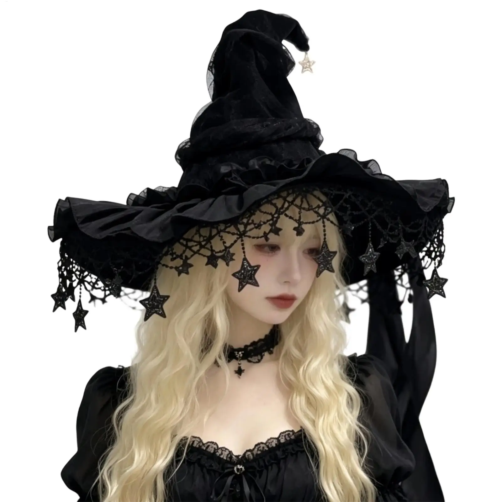 Fashionable Wide Brim Witch Hat Lace Trim Ruffle Brim Gothic Hat Gothic Dark Style Cosplay Costume Hat Cosplay Party