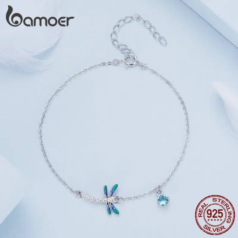 Bamoer 925 Sterling Silver Green and Blue Enamel Dragonfly Bracelet Insect Chain Link for Women Pave Setting CZ Fine Jewelry