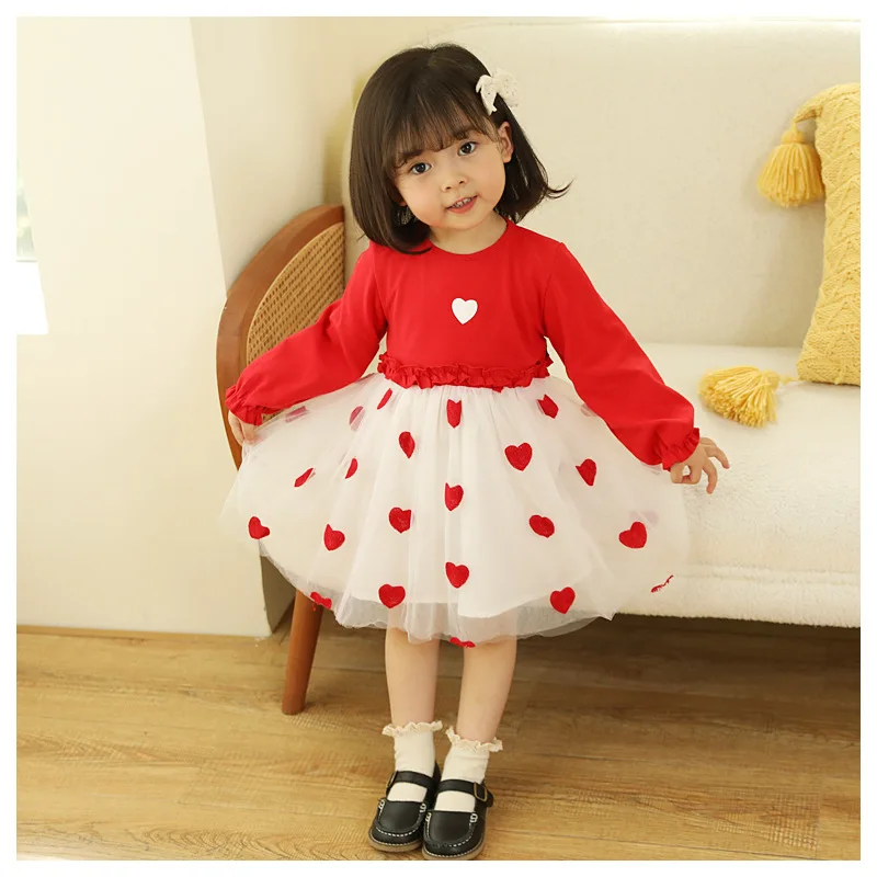 Spring Girls Long Sleeved Love Dress Red Cute Baby Dress 1-6 Years Old Girls Fluffy Mesh Skirt Sweet Children Clothing