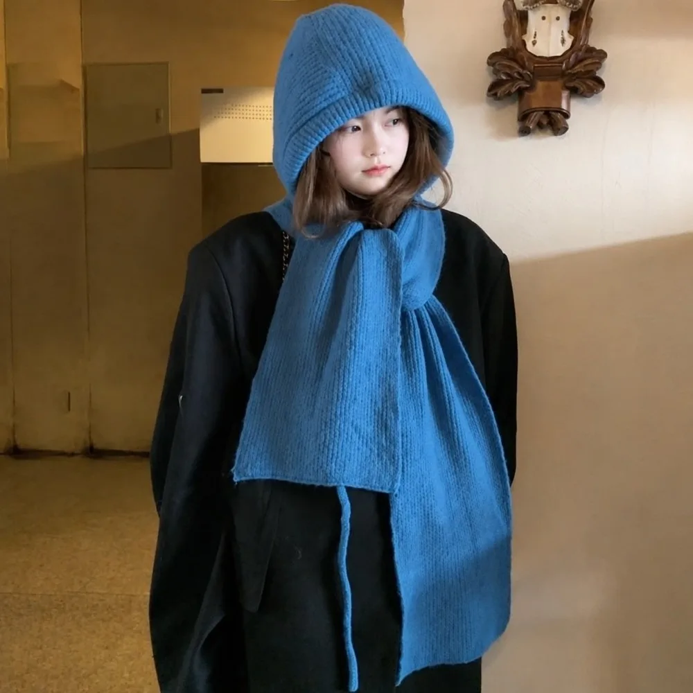 Korean Style Winter Balaclava Hat Thick Knit Solid Color Hood Scarf Combo Windproof Combined Hood Integrated Neck Warmer 4