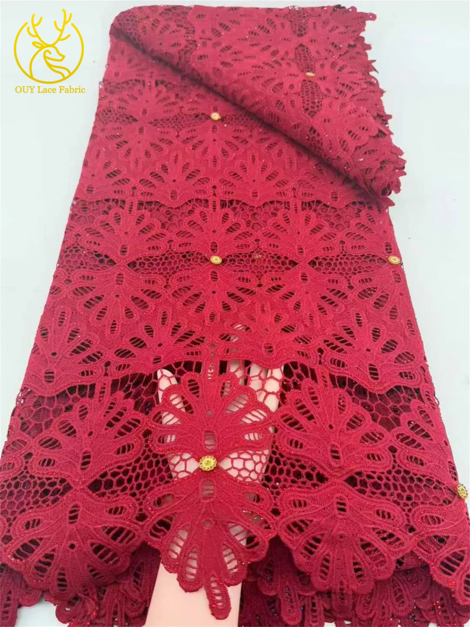 2026 Neuester afrikanischer wasserlöslicher Spitzenstoff, 5 Yards, nigerianischer Steinstoff, geeignet für Damen-Partykleider, Nähmaterial – Detail 5