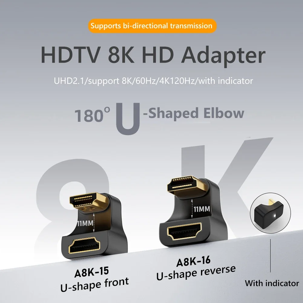 HDMI-Compatible Male To Female Adapter UHD Converter 360 Degree Angled U-shaped 8K 60HZ HDTV 2.1 Adapter for HDTV PS4 PS5 Laptop