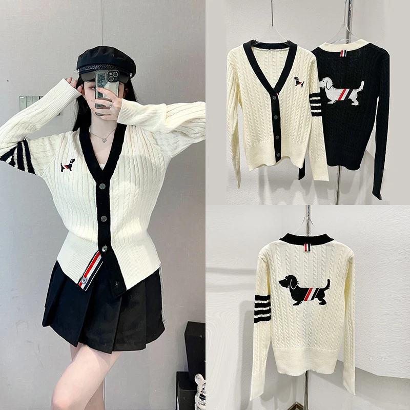 

High-quality Striped Puppy Jacquard Elegant Casual Loose Simple Women's Knitted V-neck Sweater Preppy Style Wool Cardigan Jacket