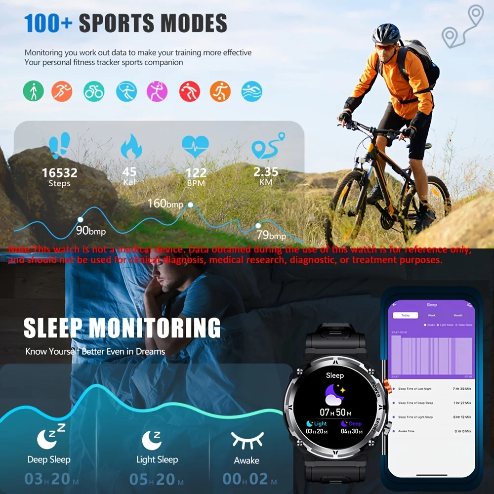 Reloj inteligente para exteriores para hombre, pantalla táctil HD de 3,53 cm, con llamadas inalámbricas, múltiples modos deportivos, distancia, podómetro