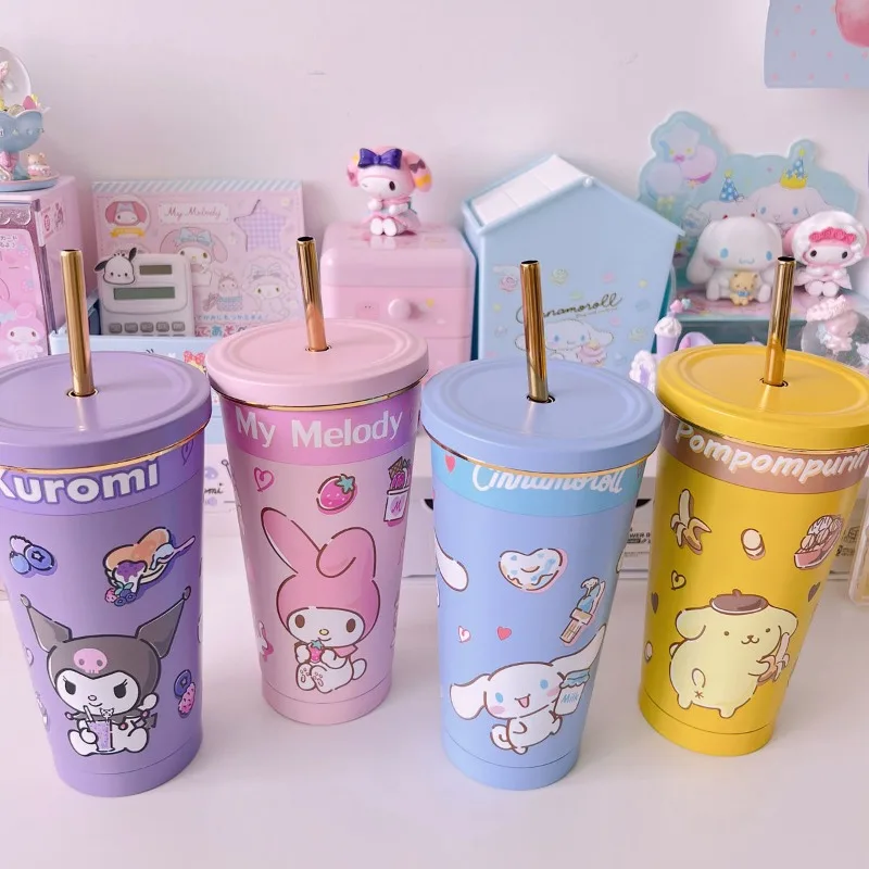 New 750ml Gold Rim Straw Thermos Cup Portable Water Bottle Cartoon Anime Sanrio Cinnamoroll Kitty Melody Kuromi Juice Keep Cold