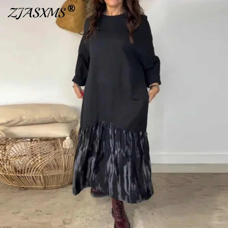 2026 primavera Patchwork Tie-tinte dibujo vestidos largos mujer Sexy cuello redondo suelto Jersey vestido otoño manga larga sudaderas vestido