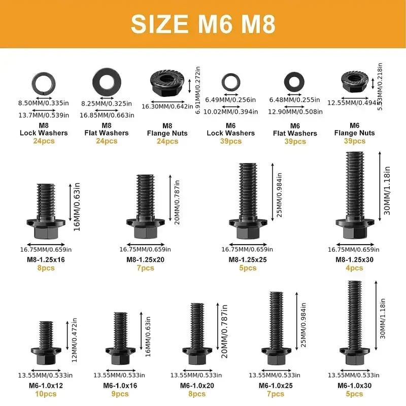 252-Piece Class 10.9 304 Stainless Steel Flanged Hexagon Head Bolts, Hexagon Nuts, and Washers Kits - M6 and M8 Sizes