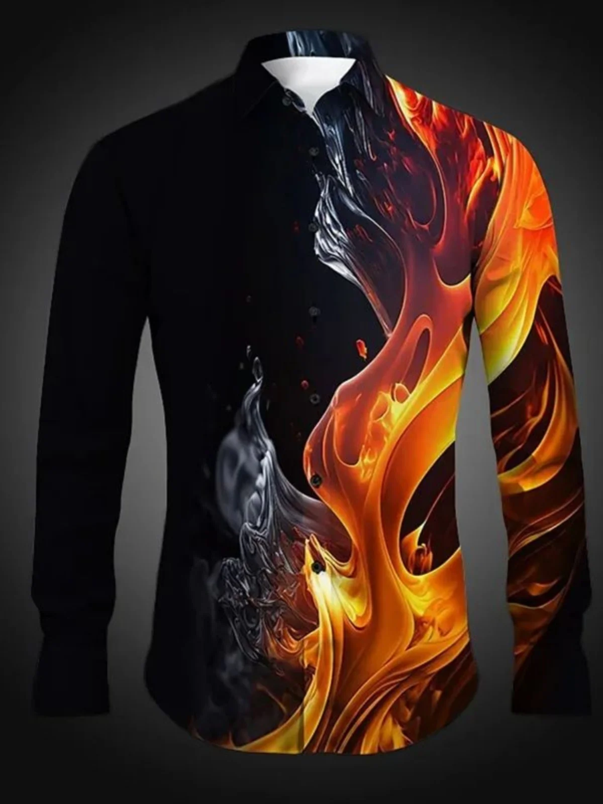 

Men's Long Sve irt 3D Flame Print Collared Casual Wear Comfortable Fit Autumn Season Faion from China