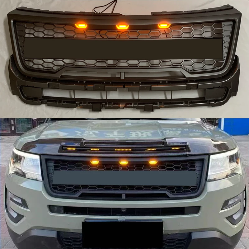 

LED Car Front Grille For Ford Explorer 2015 2016 2017 2018 Racing Grills Raptor Style Front Face Modification Bumper Mask Mesh