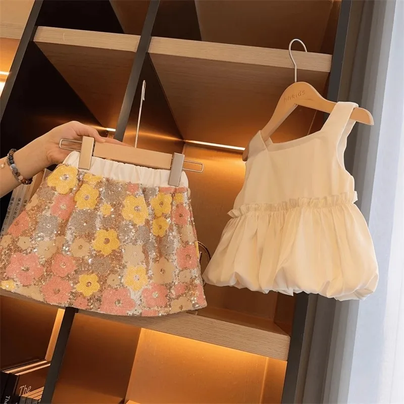 Girls' Summer Suspender Set 2025 New Baby Girl Casual Vest Short Sleeve Summer Sequined Skirt Two-piece Set