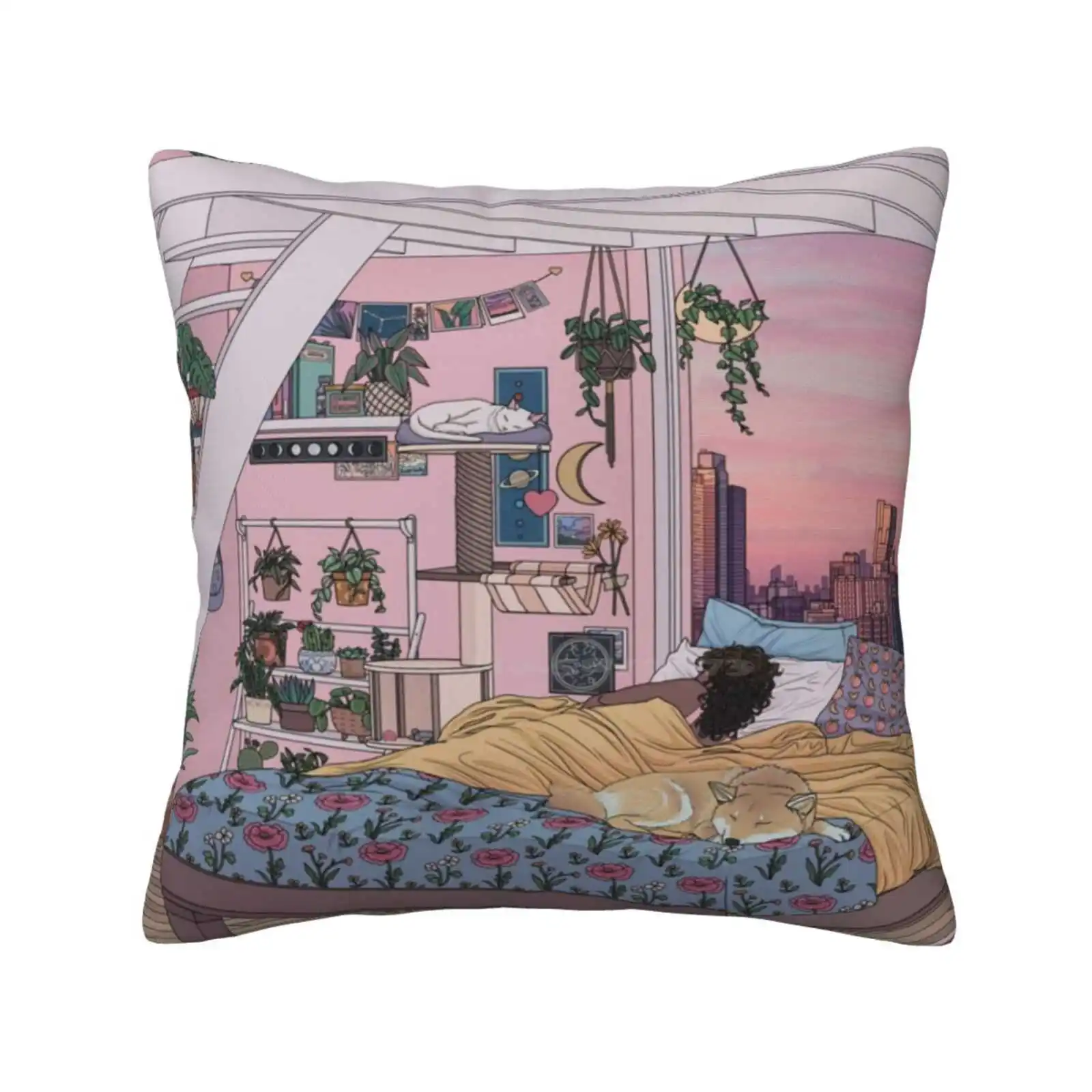 Sweet Dreams Pillowslip Pillowcase Room Aesthetic Shiba Cat Dog Sunset City Pastel Flowers Floral Plants Amidstsilence Moon