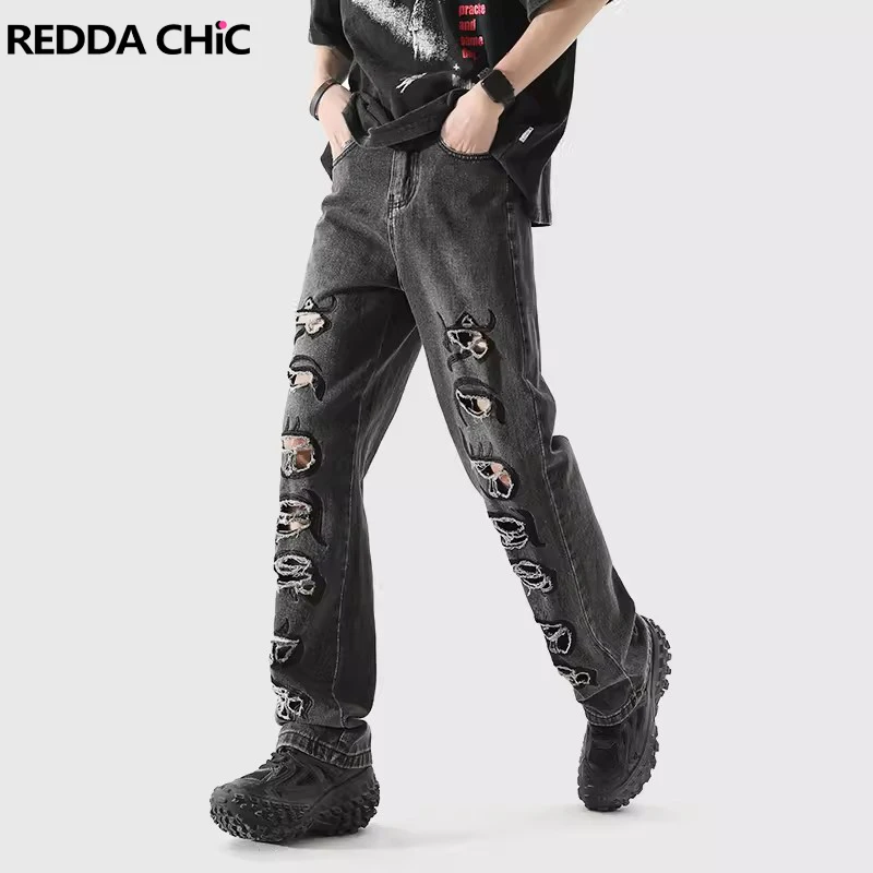 

REDDACHIC Harajuku Graphic Straight Jeans Men Grey Ripped Holes Denim Pencil Pants Slim Fit Hiphop Trousers Plus Size Clothes