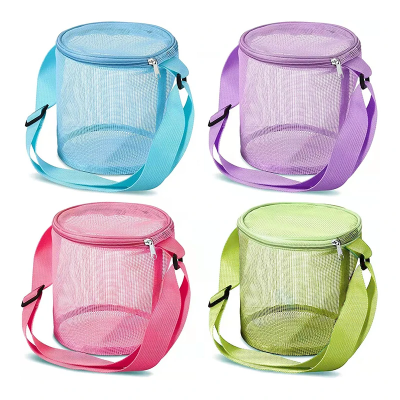 Mesh Beach Bag For Kids Toy Organizer Net Zipper Adjustable Shoulder Strap Storage Pouch Child Shell Collecting Bag Round Bucket