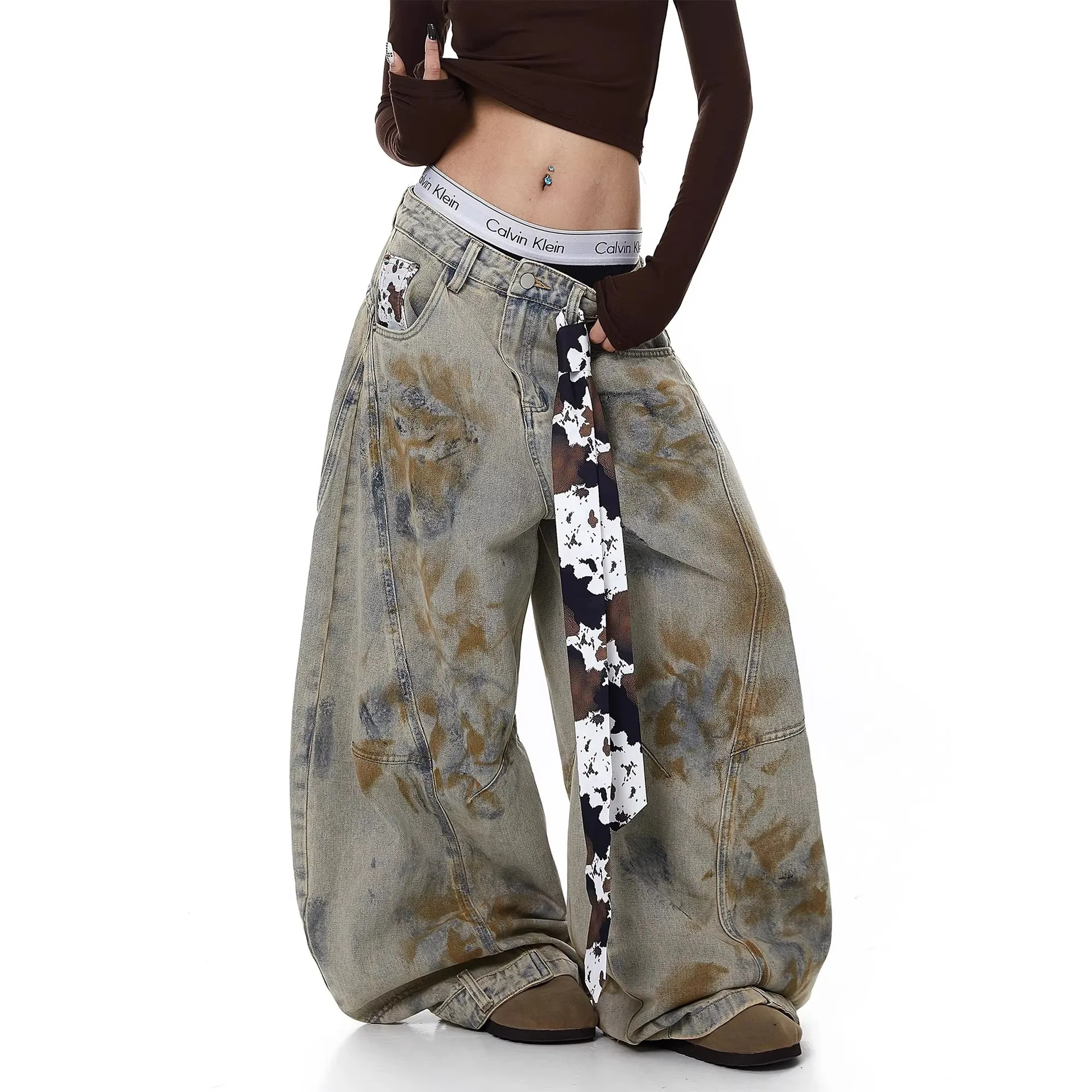 2026 Spring Old Dirty Dyed Jeans Women's New Loose Design Strap Wide Leg Pants