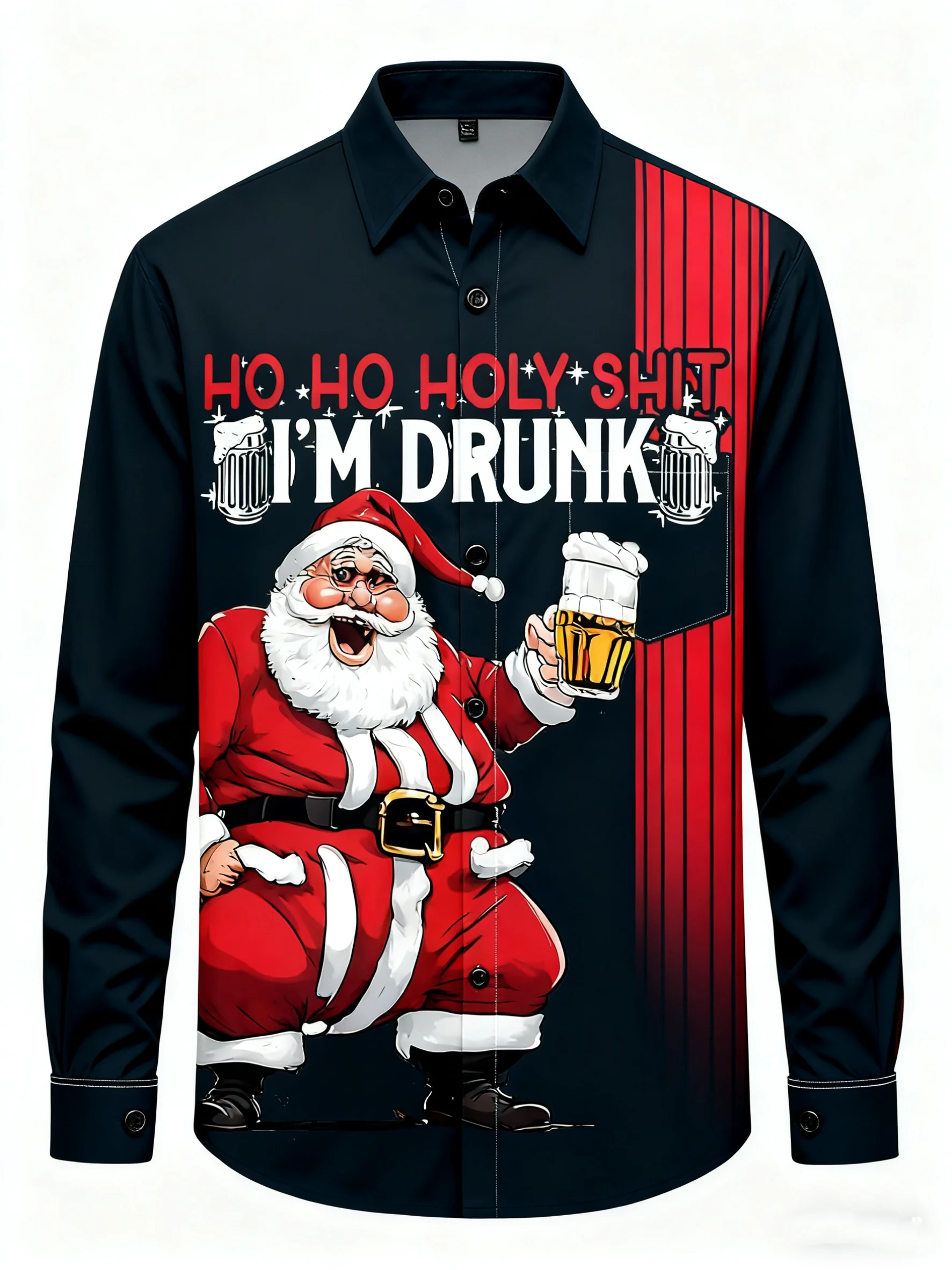 Fun Christmas Men's Long-Sleeve Shirt with Santa Claus Cheers Print, Loose Fit, Buttons for Holiday Casual Celebrations