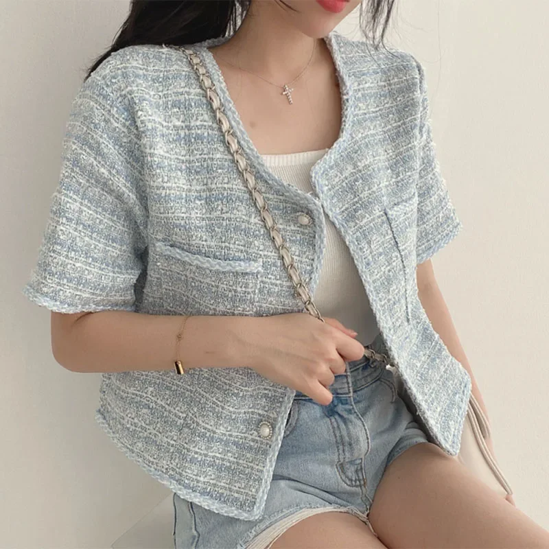 

French Short Sleeve Tweed Cropped Blazers Women 2023 Summer Single-Breasted Blue Cardigan Tops Woman Chic All-Match Plaid Jacket