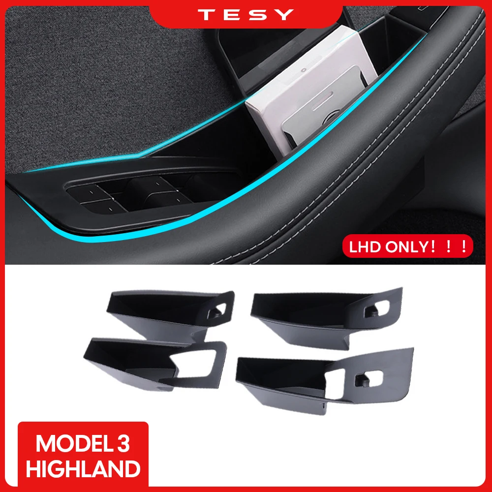 for Tesla New Model 3 Highland 2024 Door Side Storage Box Handle Pocket Armrest Flocked Passenger Storage Tray Container