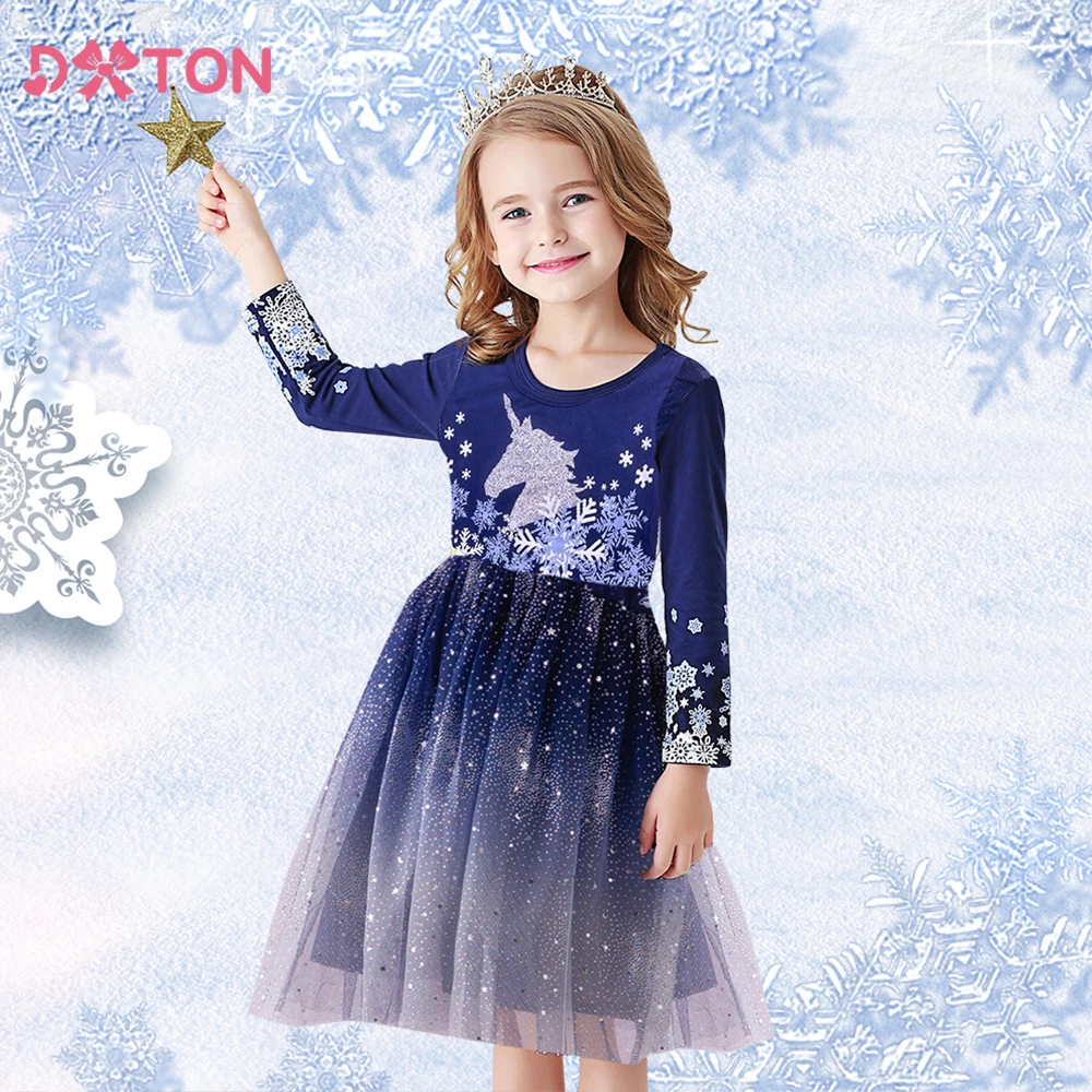 DXTON New Kids Dress For Girls WInter Christmas Children Party Girls Dresses Unicorn Snowflakes Printed Baby New Year Clothing
