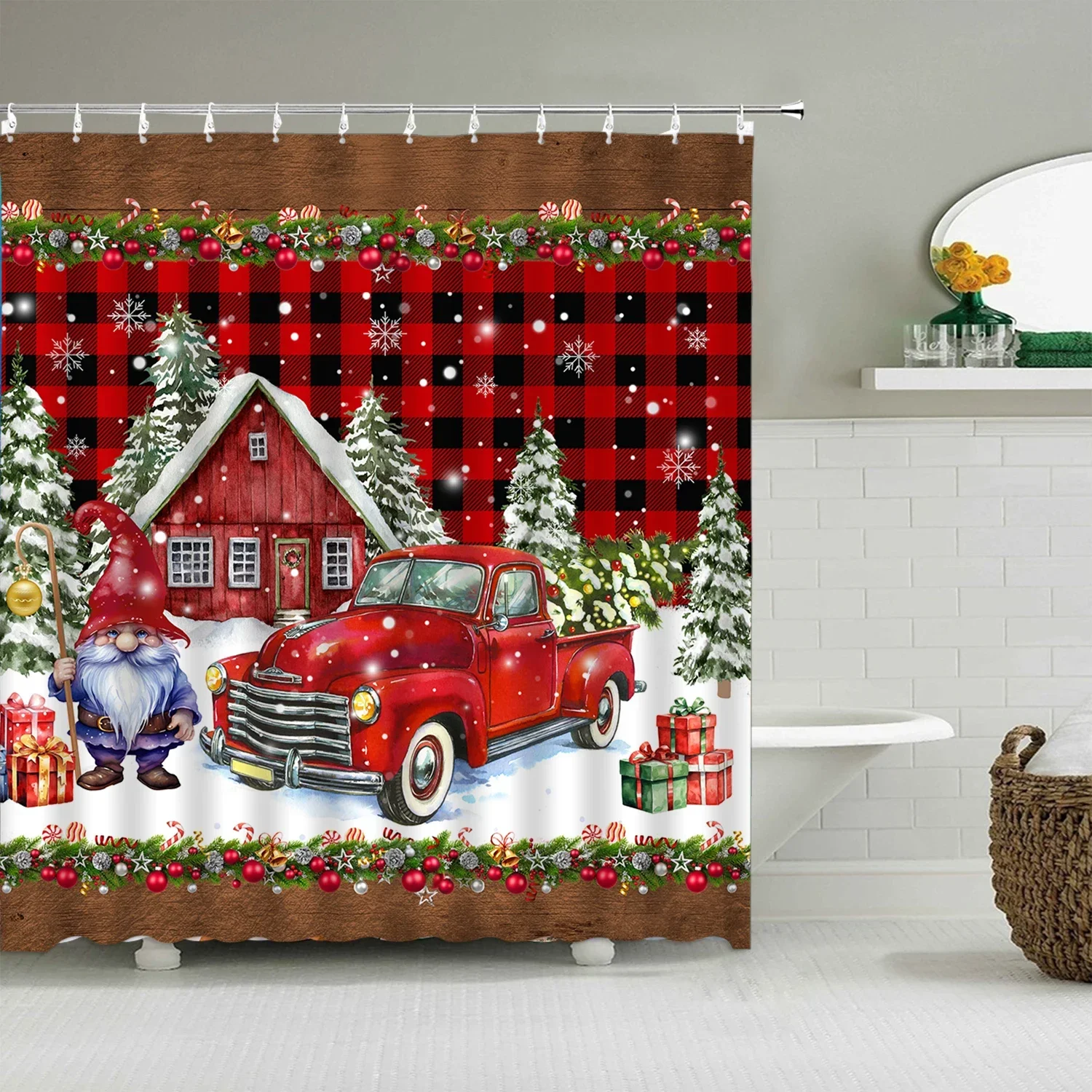 Christmas Shower Curtain, Winter Holiday Santa Gnomes Red Truck Plaid Farm Christmas Tree Planks Snowflake Bathroom Decorations