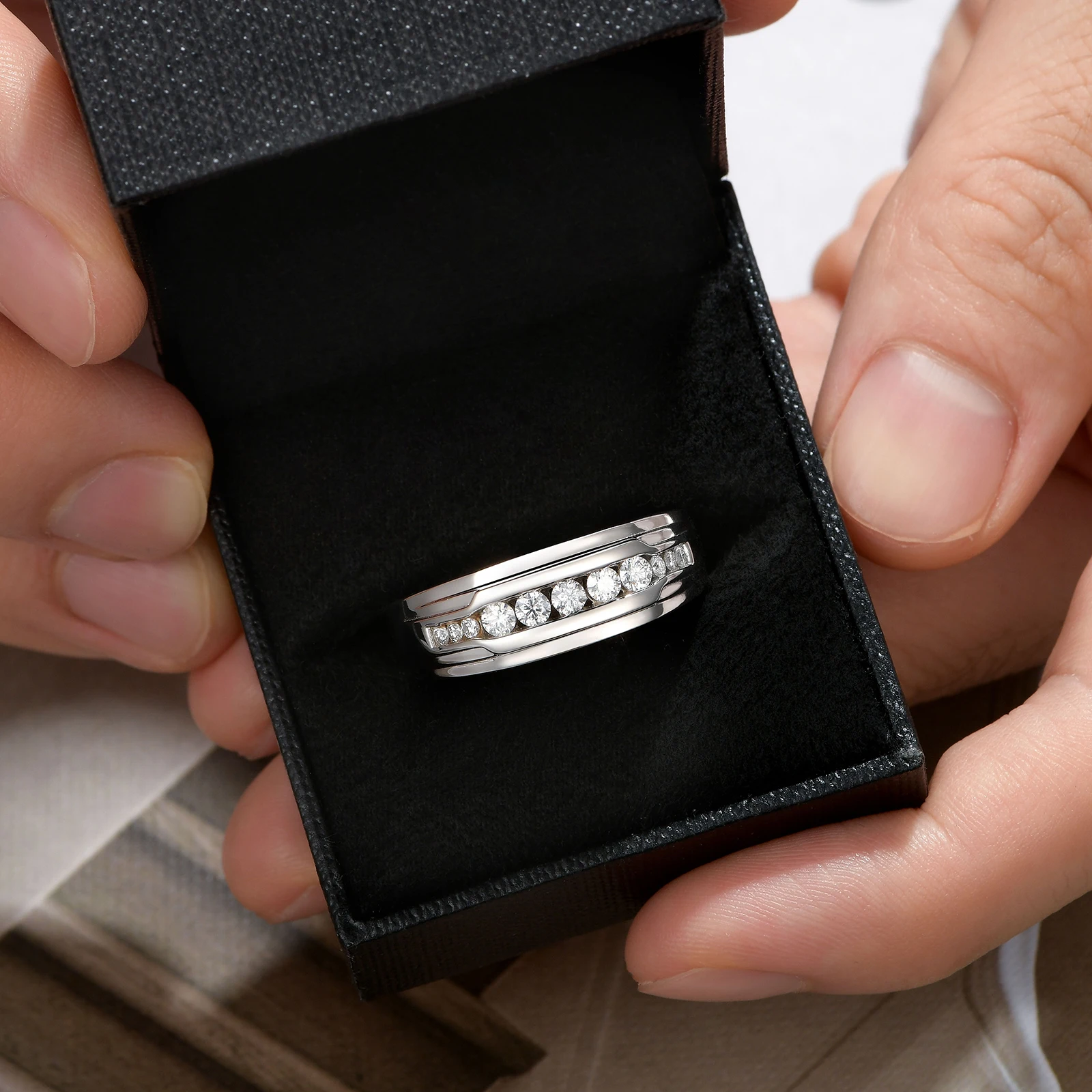 ​Newshe Full Moissanite Wedding Band for Men 925 Sterling Silver Engagement Rings Pave Round Eternity Promise Ring Size 7-13