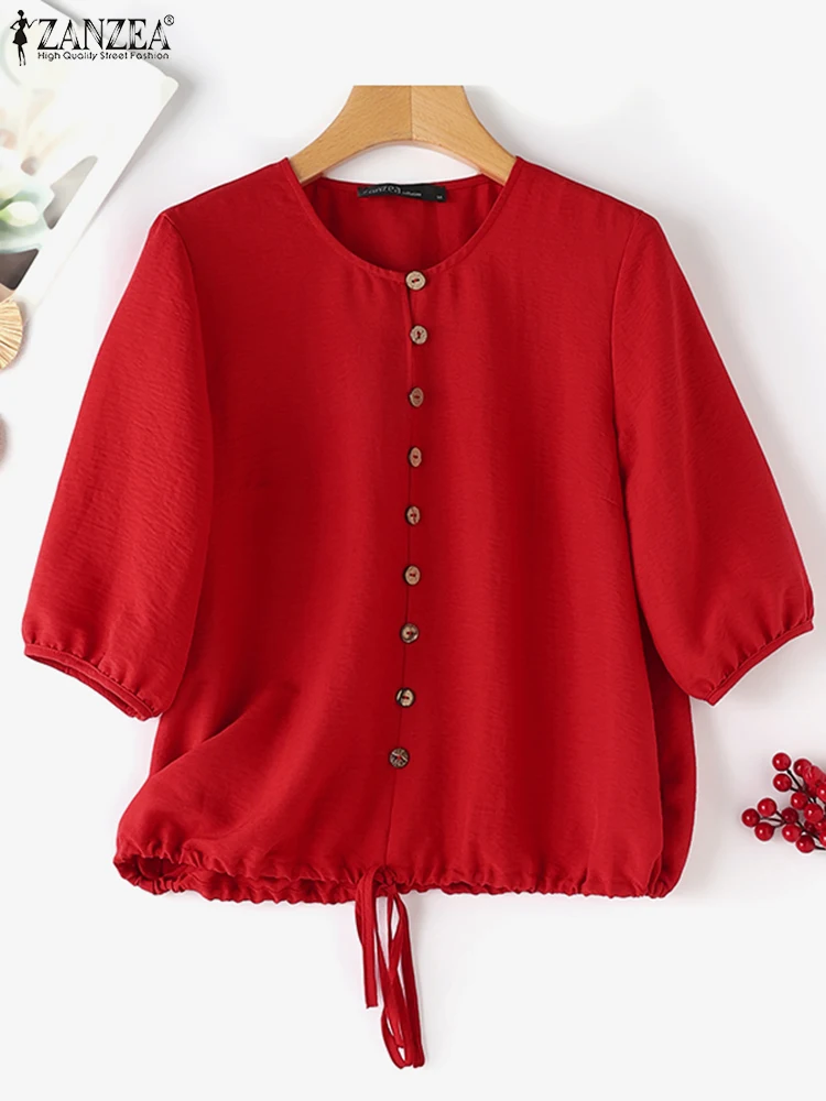 ZANZEA Casual Women Blouses Commute Elegant O Neck Drawstring Hem Smock Tops 2025 Spring 3/4 Sleeve Solid Color Daily Shirts