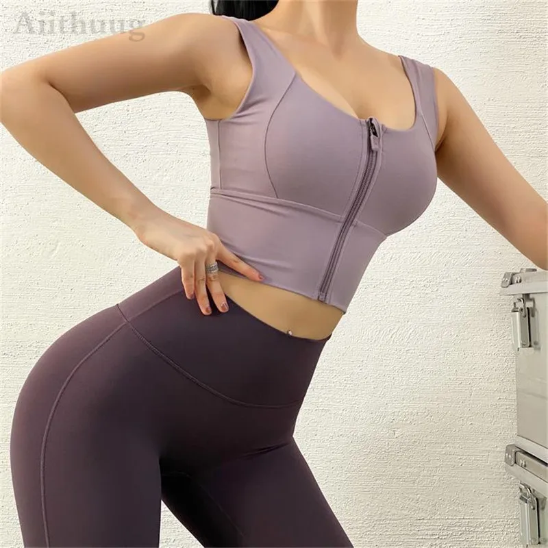 Aiithuug Zip Front Zipper Longline Sports Bras for Women Padded Crop Tank Top Support Fitness Yoga Workout Shirts Running Bras