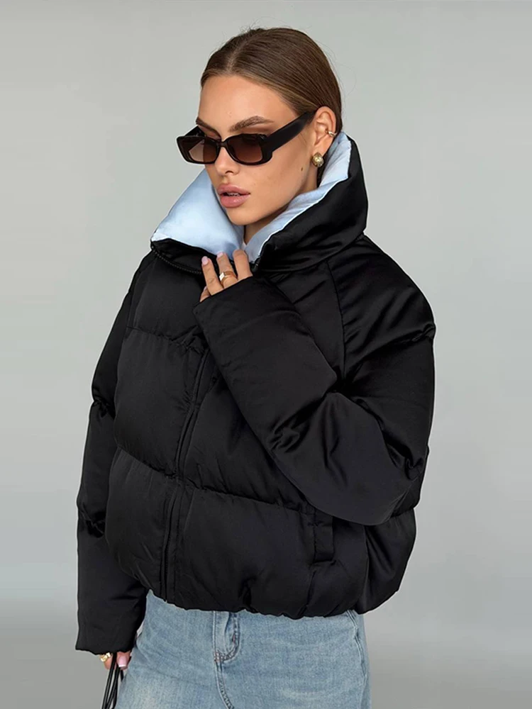 Casual Contrast Lining Hooded Cropped Puffer Jacket Zip Up  Padded 2026 Winter Street Daily Women Outerwear Coat Chic Outfits