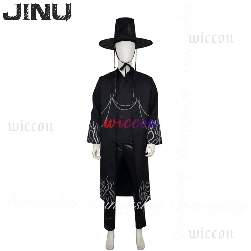 Kpop demon hunters filme jinu cosplay saja meninos com roupões pretos e traje de canto e mesma peruca preta cosplay traje conjunto completo