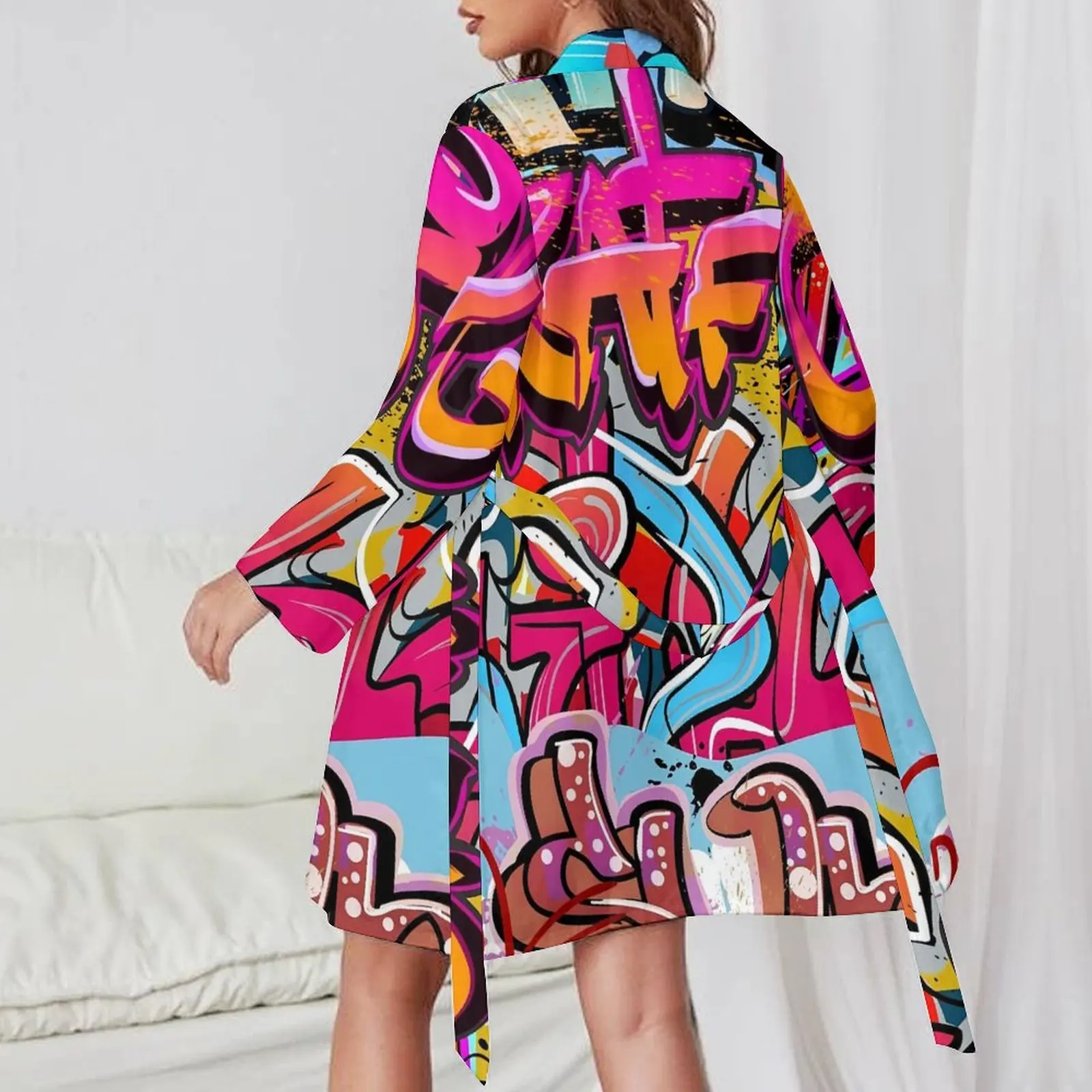 Abstract Graffiti Pajama Robe V Neck Colorful Letter Sleepwear Womens Long Sleeves Sexy Pajamas Robes Autumn Leisure Dress