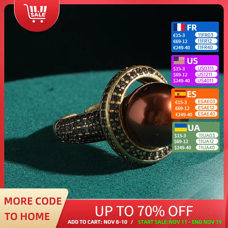 

Luxury Vintage Red Copper Brown Pearl Rings for Women Black Rhinestones Antique Retro Accessories Wedding Geometric New